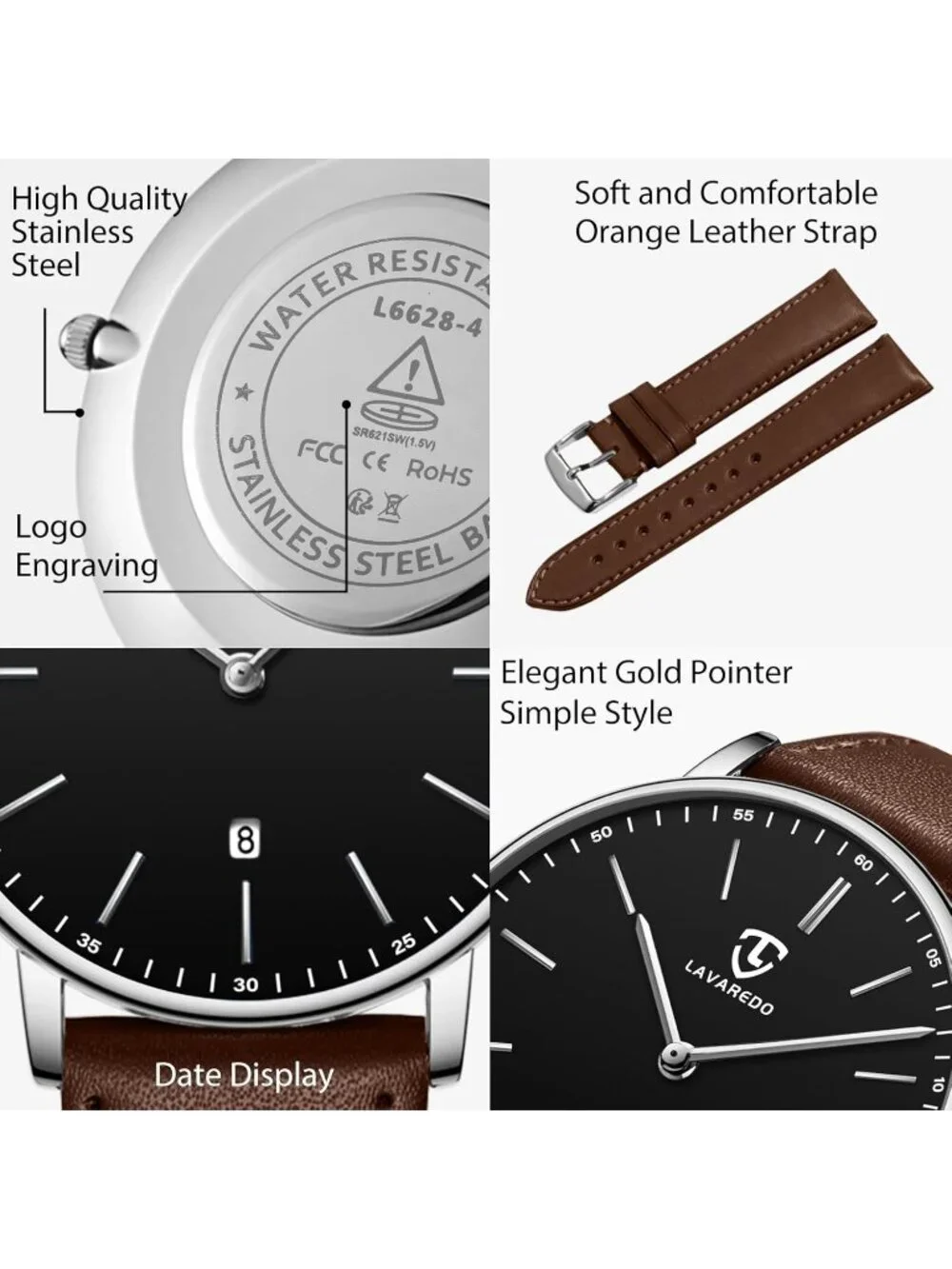 Men Brown Black Leather Strap Analog Minimalist Fashion Simple Round Wrist Watch